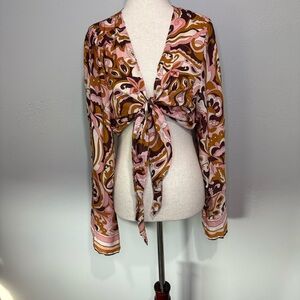 🌀 TIMING Tie-Front Long Sleeve Top (M) | 70s Retro Print, Boho Festival Vibes